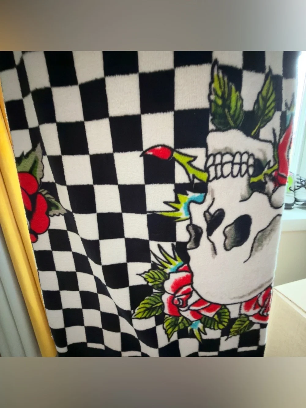 Ed Hardy Black, White & Pink Checkerboard Skull Beach Towel